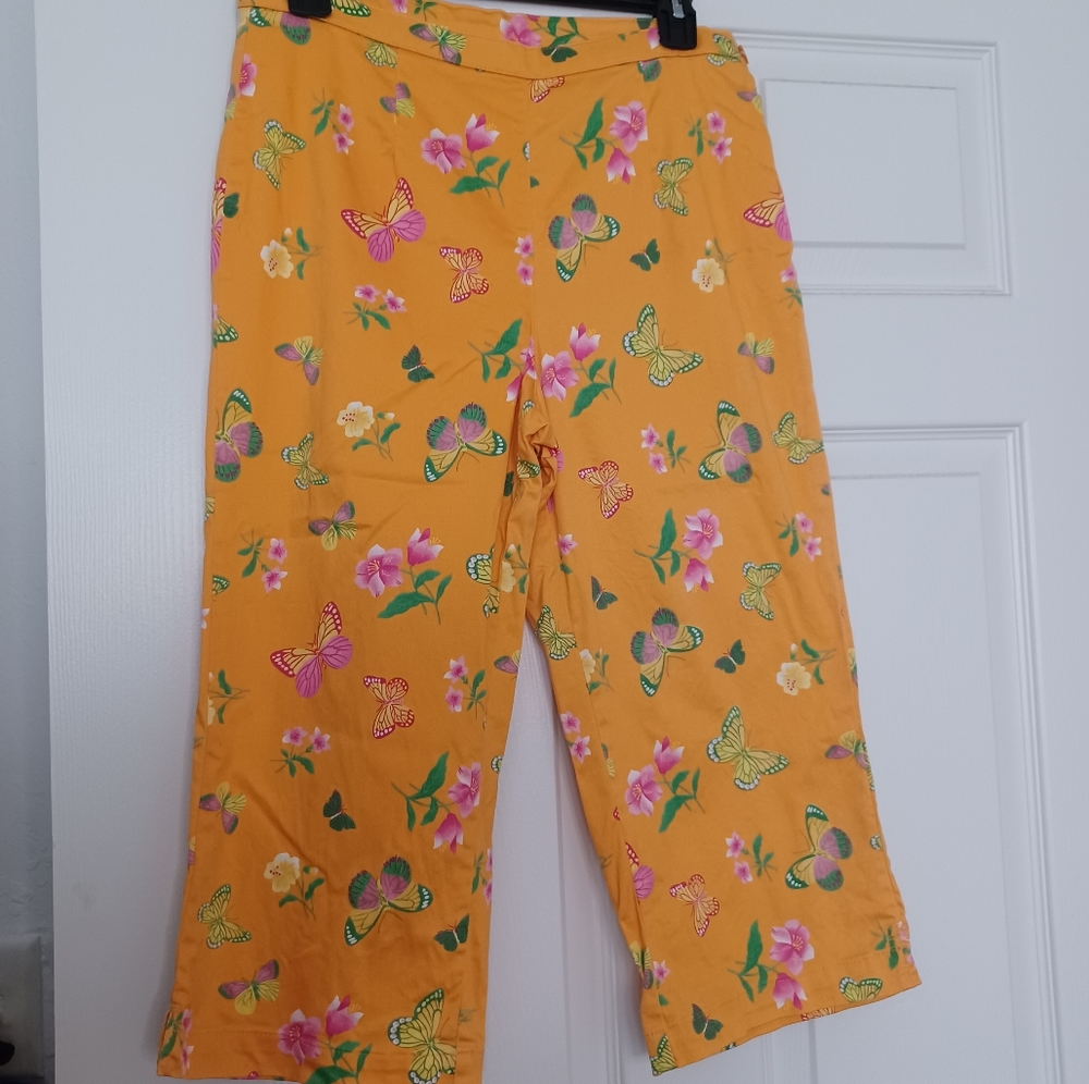 Pappagallo tangerine orange petite with butterflies and flowers side zipper